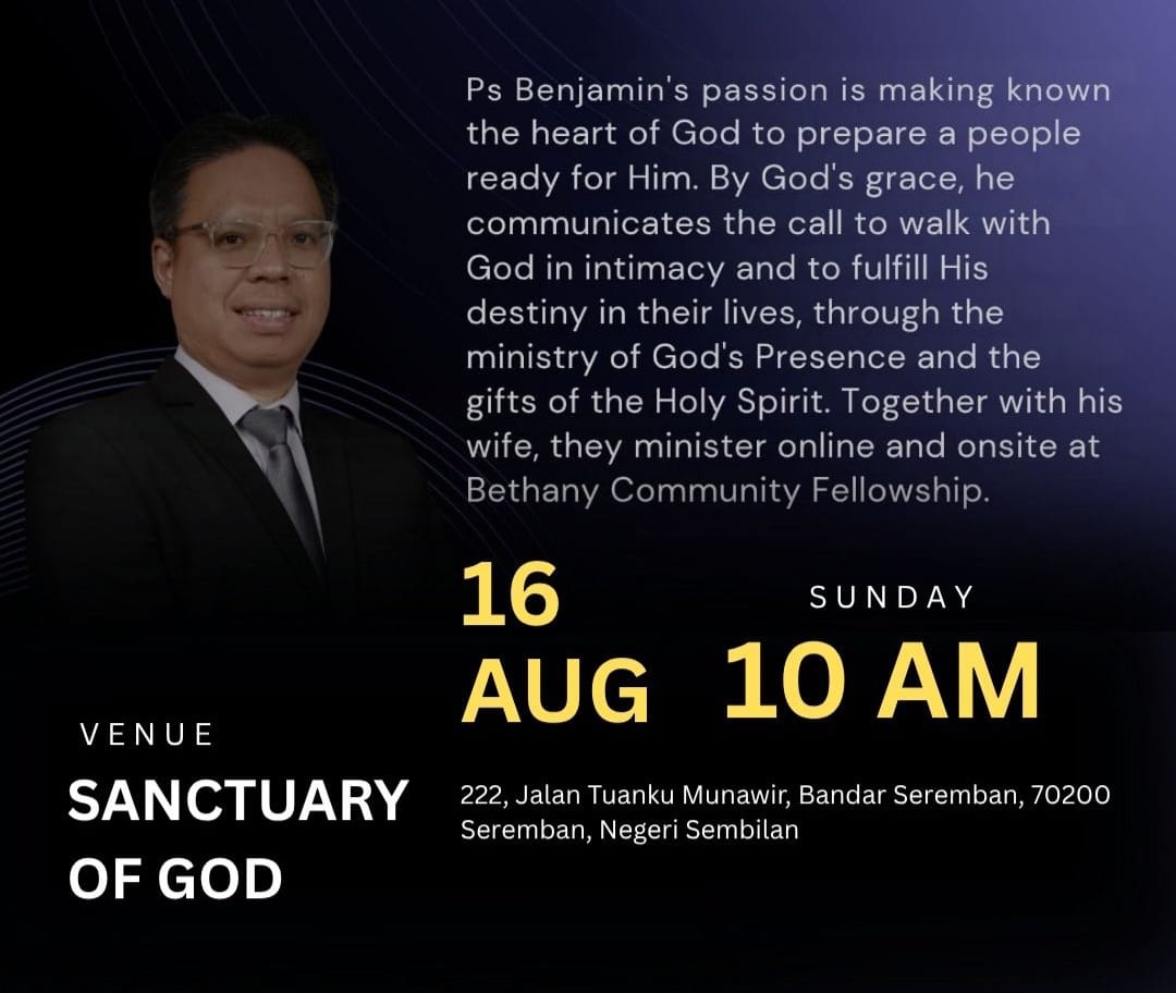 Ps Benjamin’s passion is making known the heart of God to prepare a people ready for Him. By God’s grace, he communicates the call to walk with God in intimacy and to fulfill His destiny in their lives, through the ministry of God’s Presence and the gifts